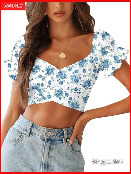 Tops - Ruffle Puff Sleeve Tie Back Crop Top Blouse Off Shoulder Cropped